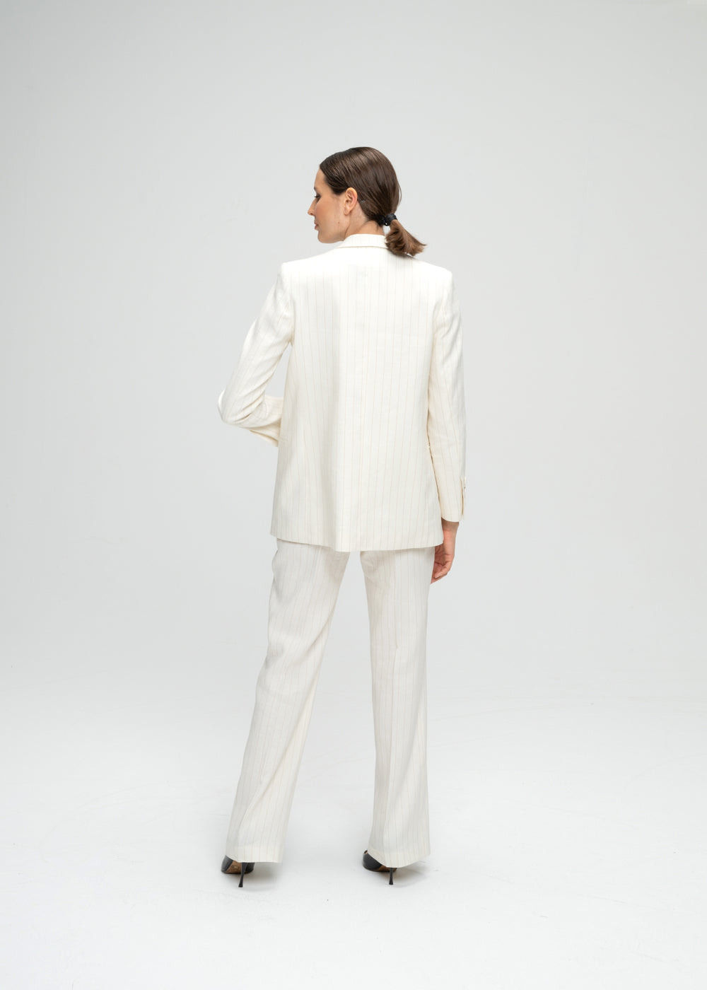 Pantalon en lin rayé blanc coupe droite poches italiennes