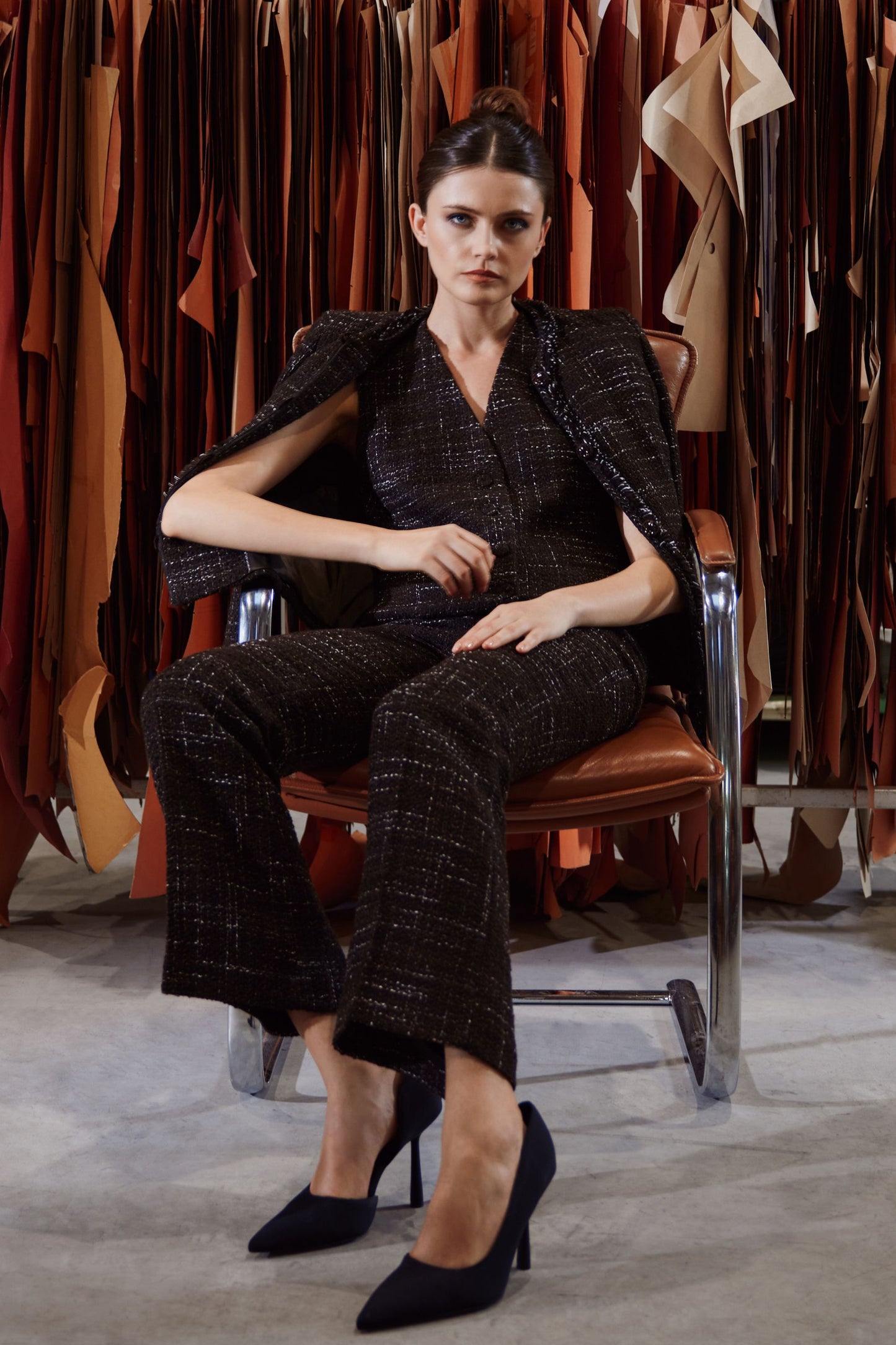 Pantalon Droit en Tweed Ébène