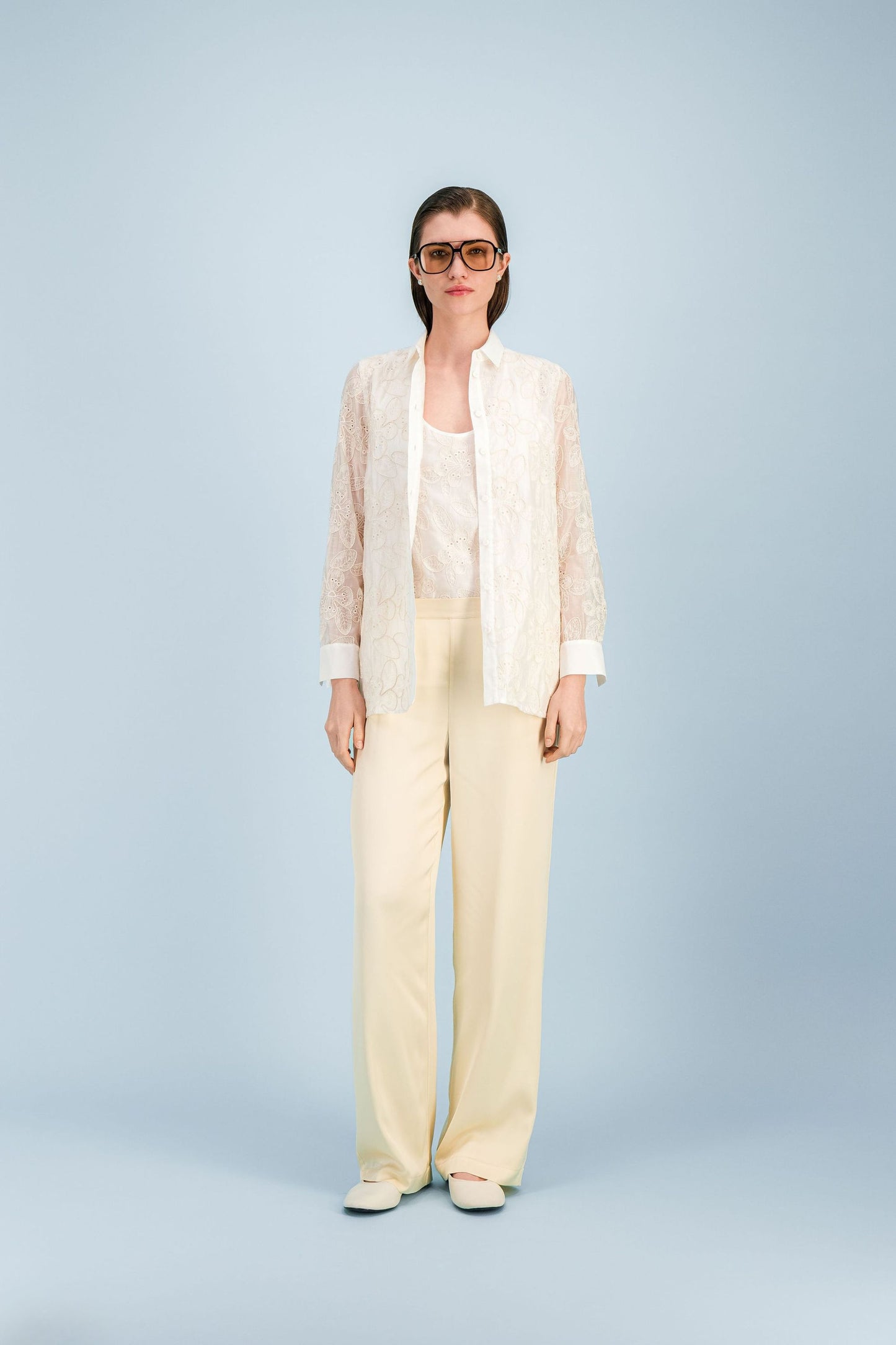 Chemise droite blanc cassé  en dentelle coton