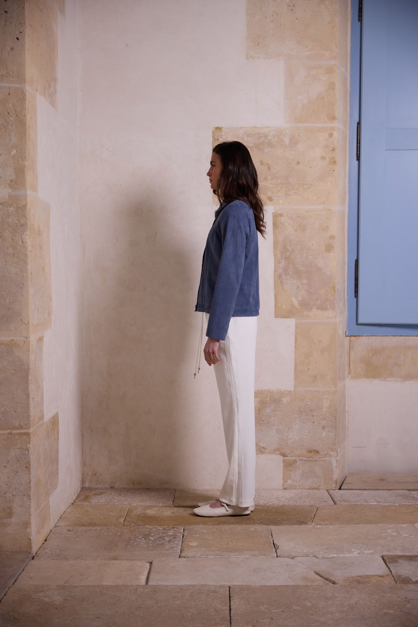 Slim-fit blue denim suede jacket