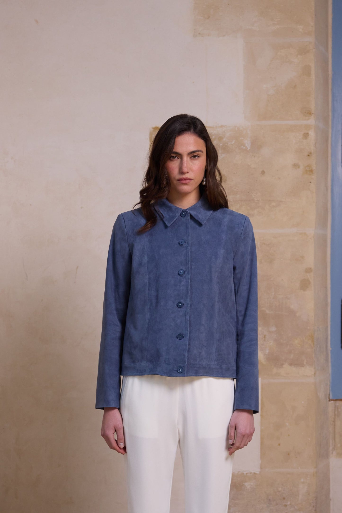 Slim-fit blue denim suede jacket