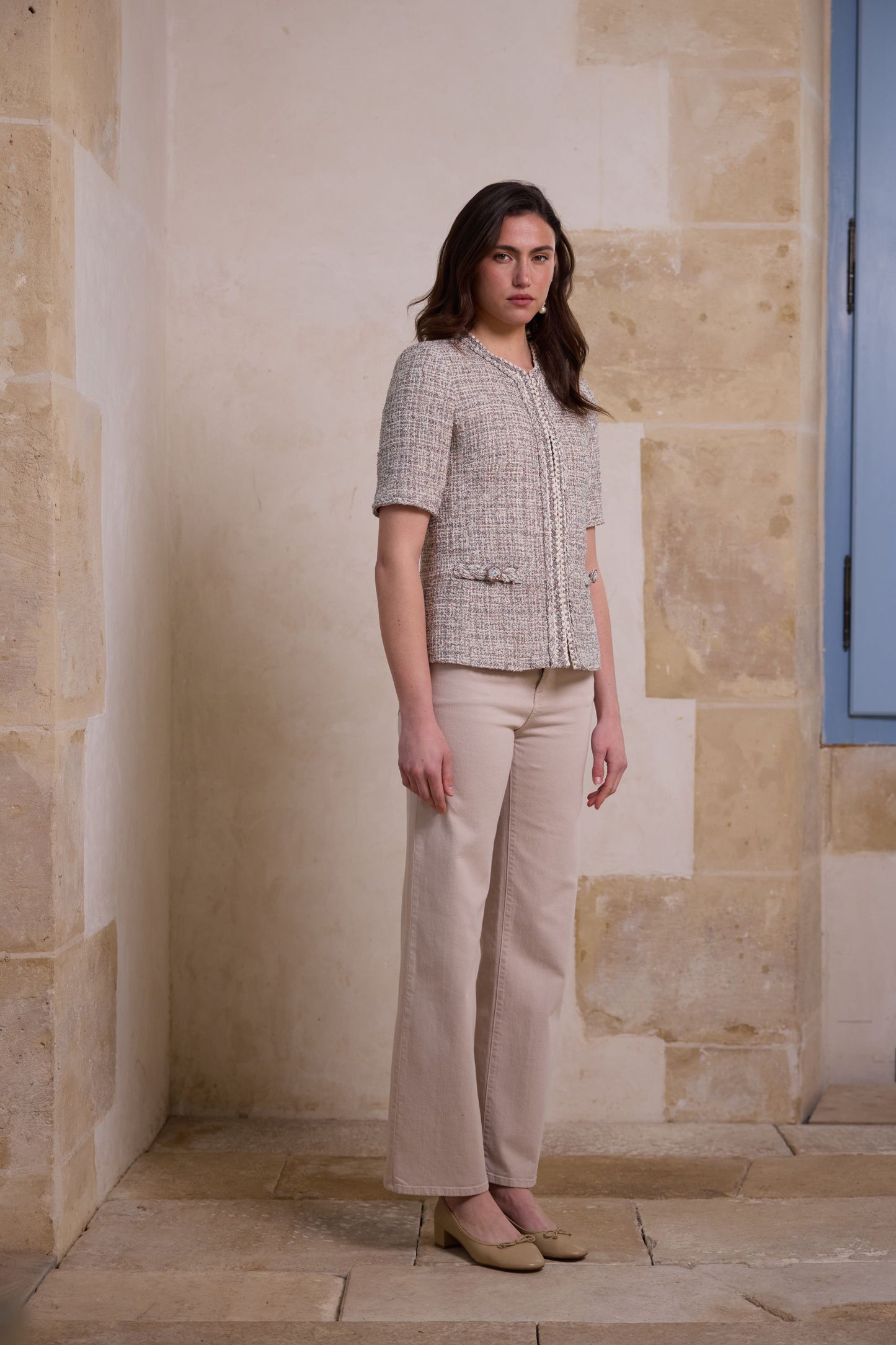 Light yellow straight-cut tweed jacket