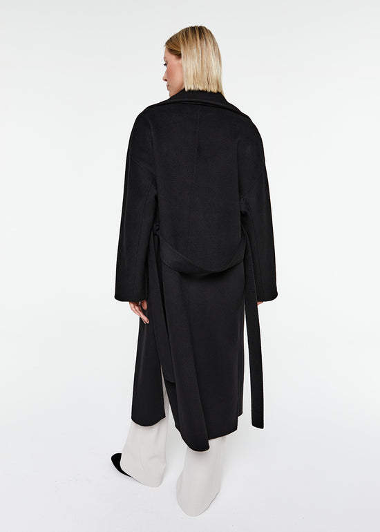 Manteau double face en laine noir avec ceinture à la taille et coupe oversize