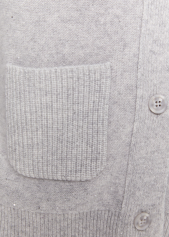 Cardigan en cachemire blanc cassé à 3 boutons col V poches plaquées côtelés et bords côtelés
