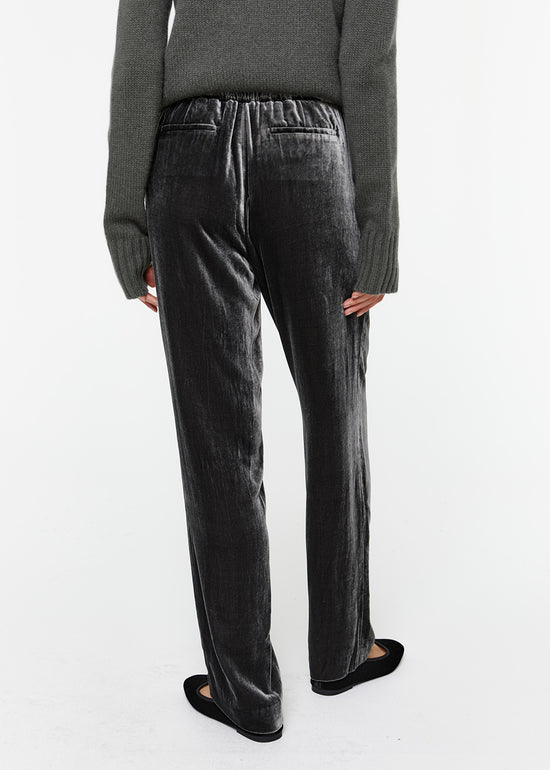 Pantalon droit velours vert gris avec poches italiennes et fausses passepoiles 