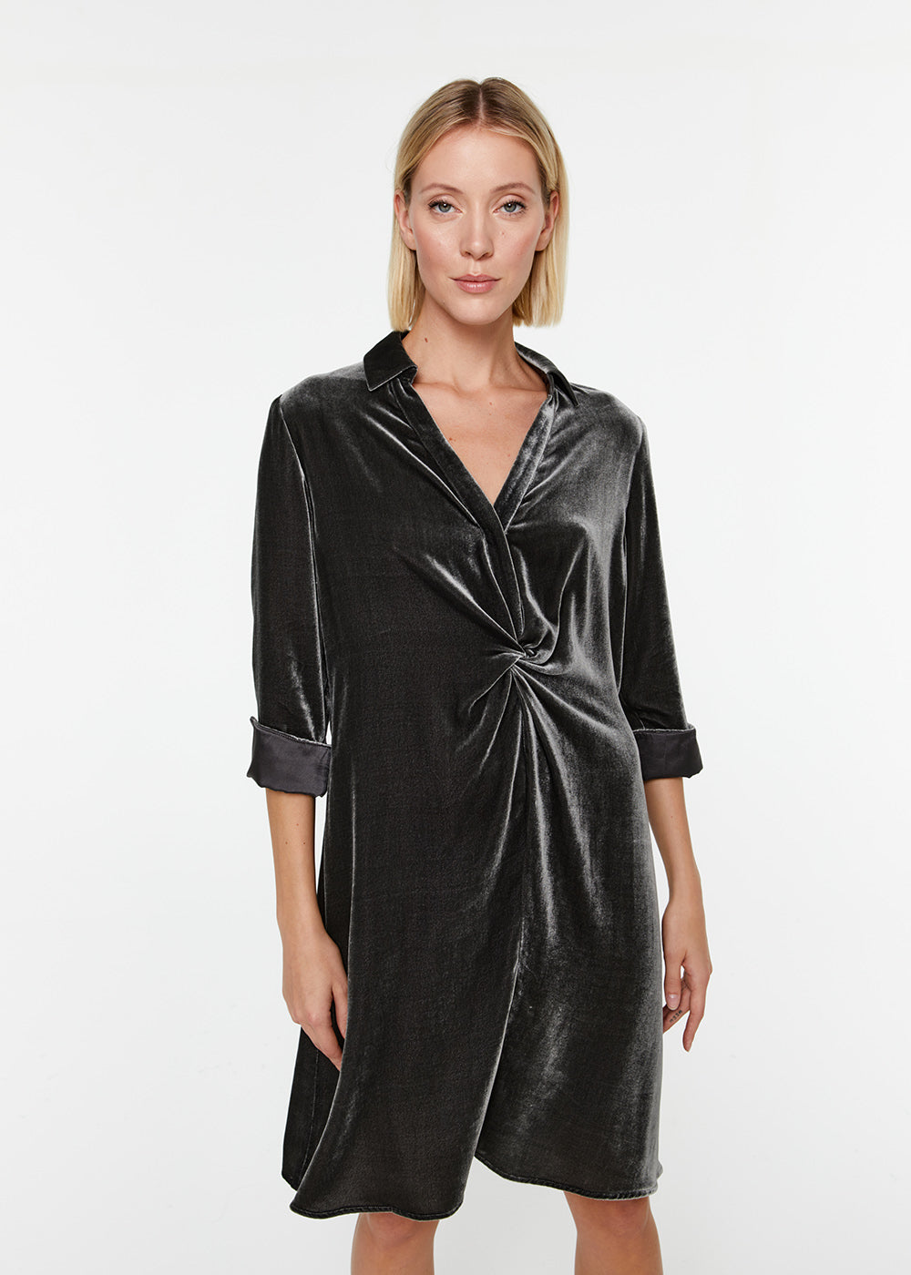 Draped shirt dress in gray green velvet APOSTROPHE PARIS