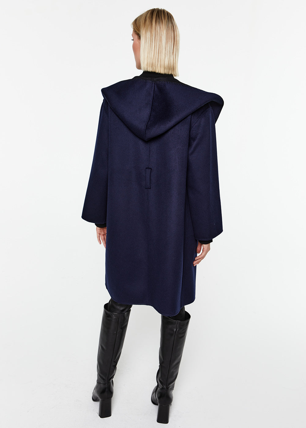 manteau réversible capuche col tailleur laine cachemire noir marine