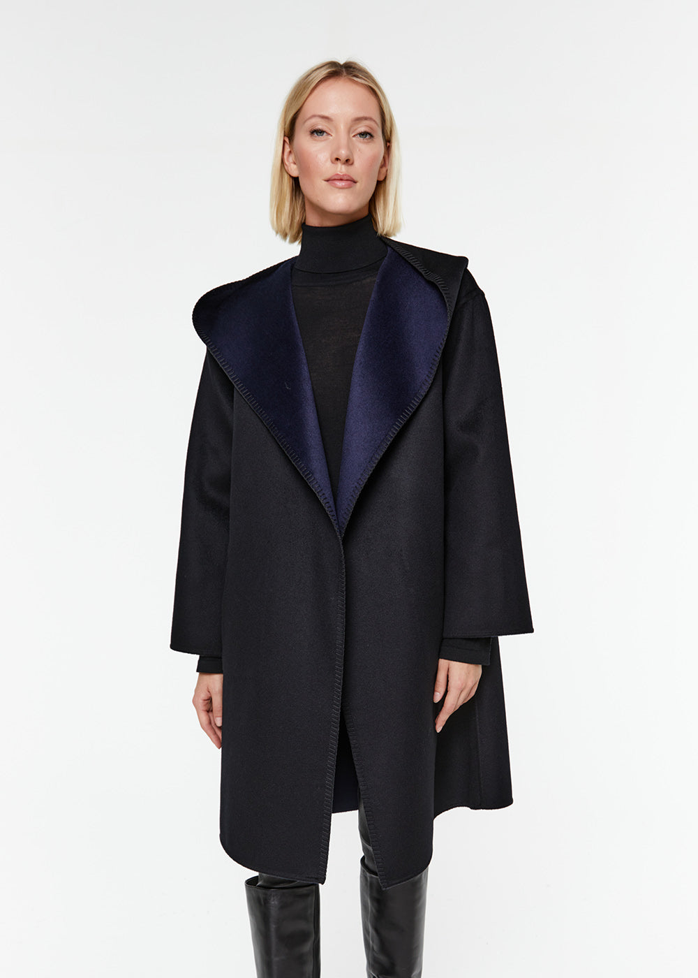 manteau réversible capuche col tailleur laine cachemire noir marine