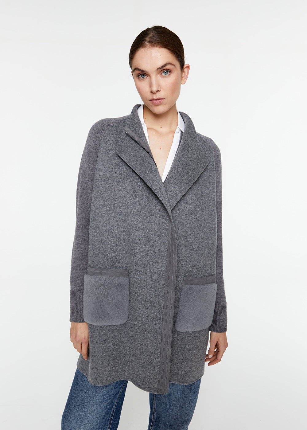 manteau mi-saison laine cachemire poche peau lainée gris