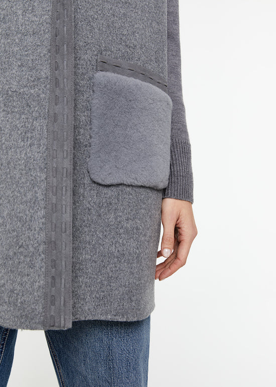 manteau mi-saison laine cachemire poche peau lainée gris