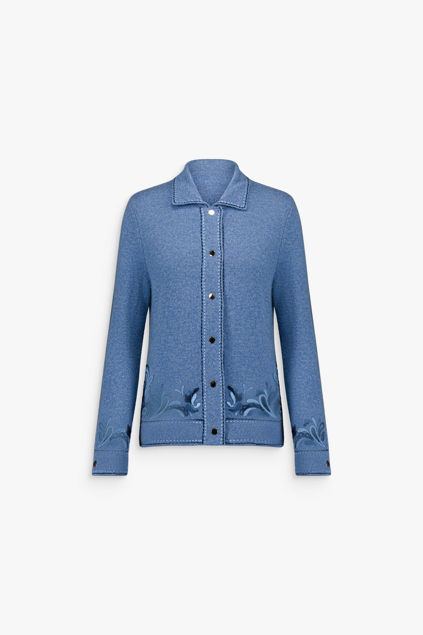 Gilet  droit brodé bleu denim en cachemire