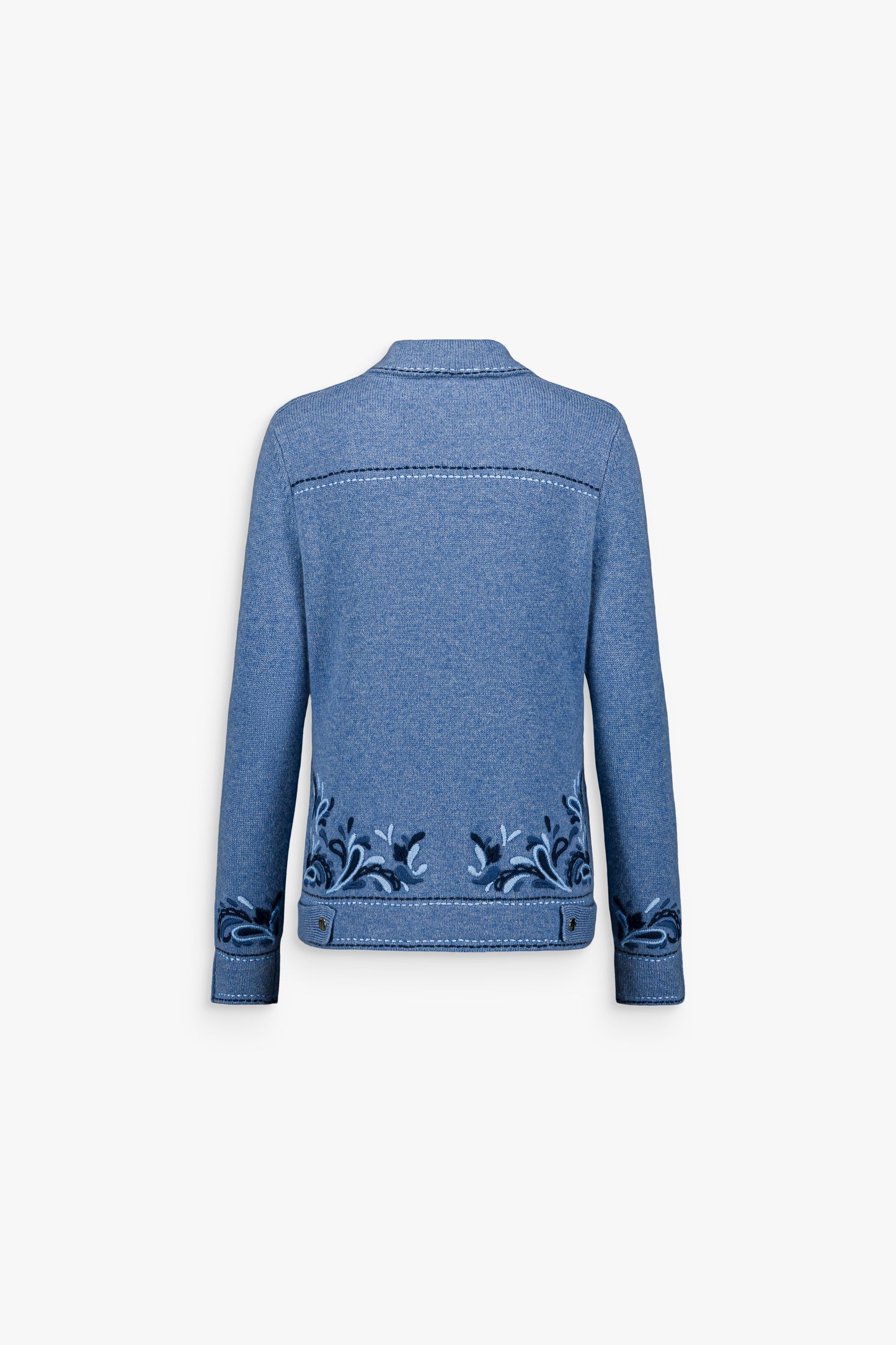 Gilet  droit brodé bleu denim en cachemire