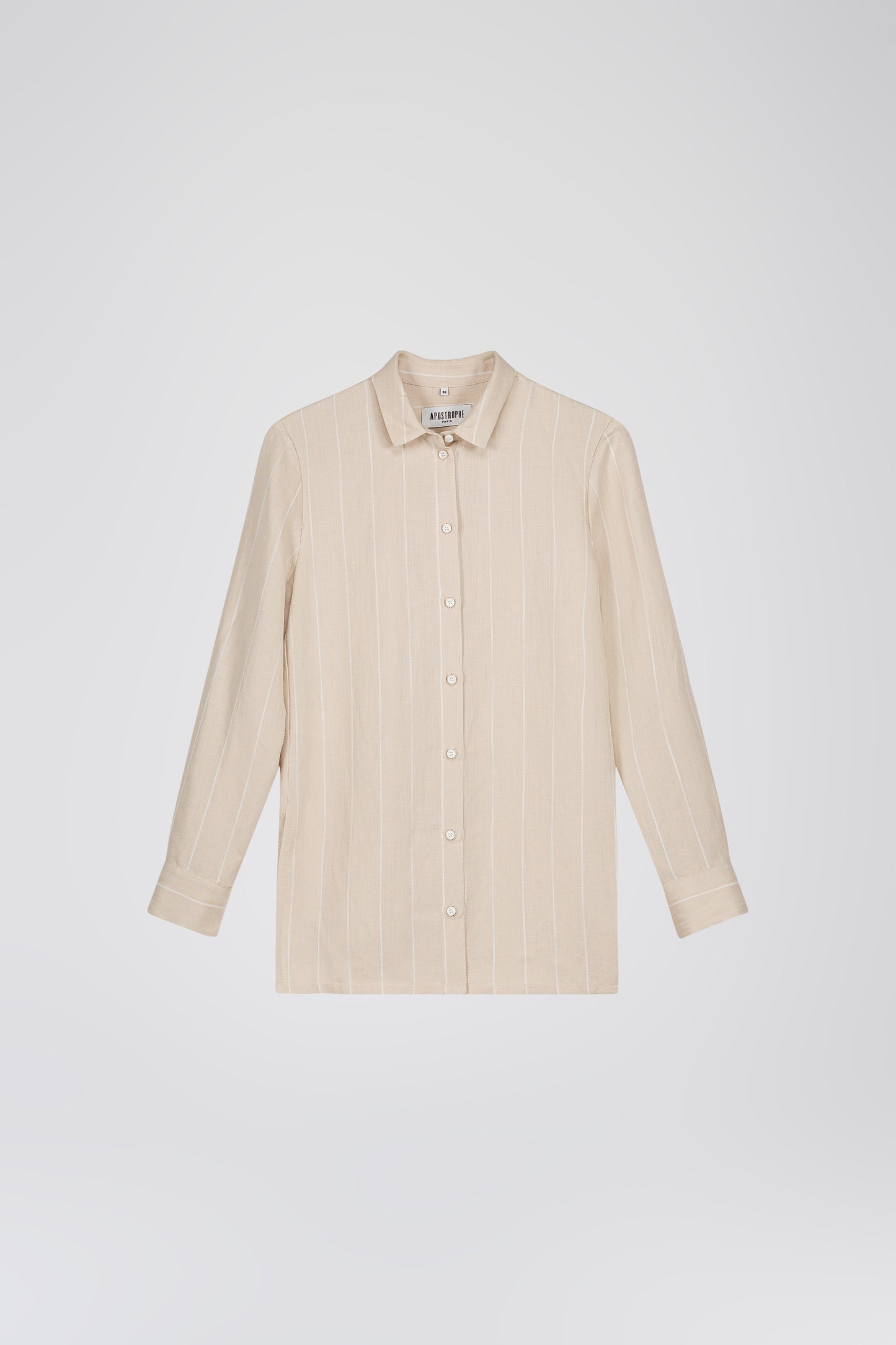 Chemise droite en lin beige à rayures fines, légère et respirante, idéale pour un look chic et confortable en toute saison.