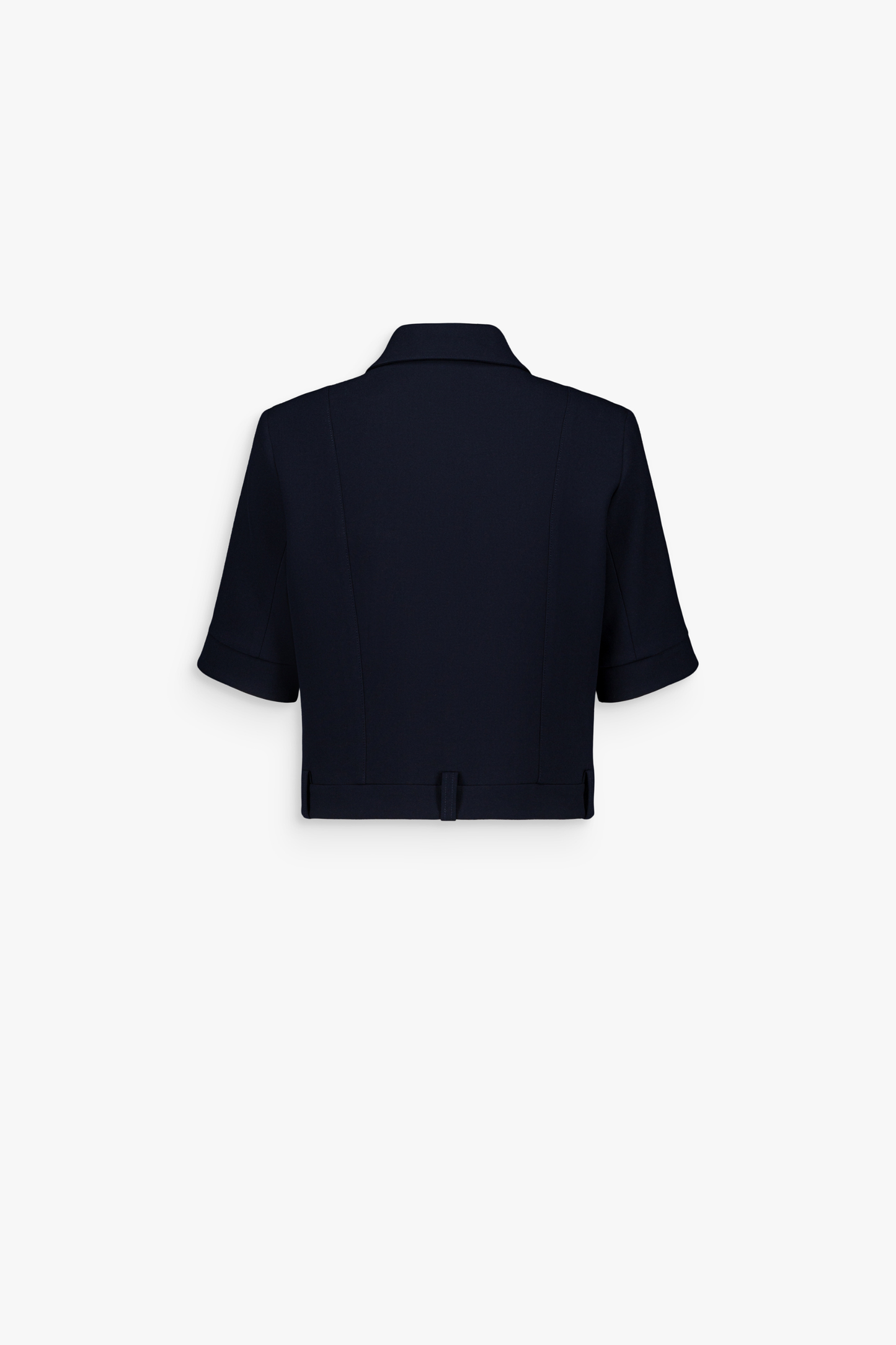 Veste courte marine à manches courtes avec col classique et boutons métalliques.