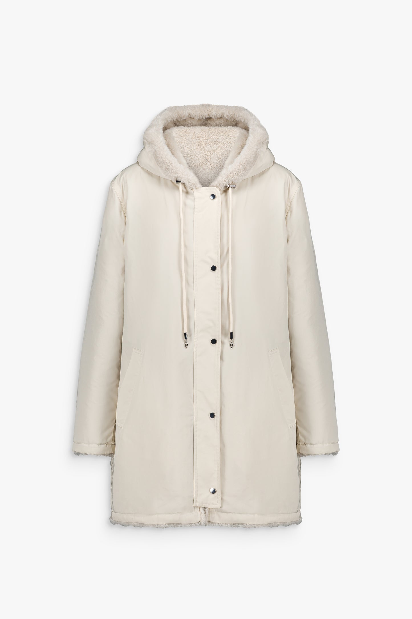 Manteau réversible couleur béton avec fourrure douce, capuche et fermeture pressionnée.