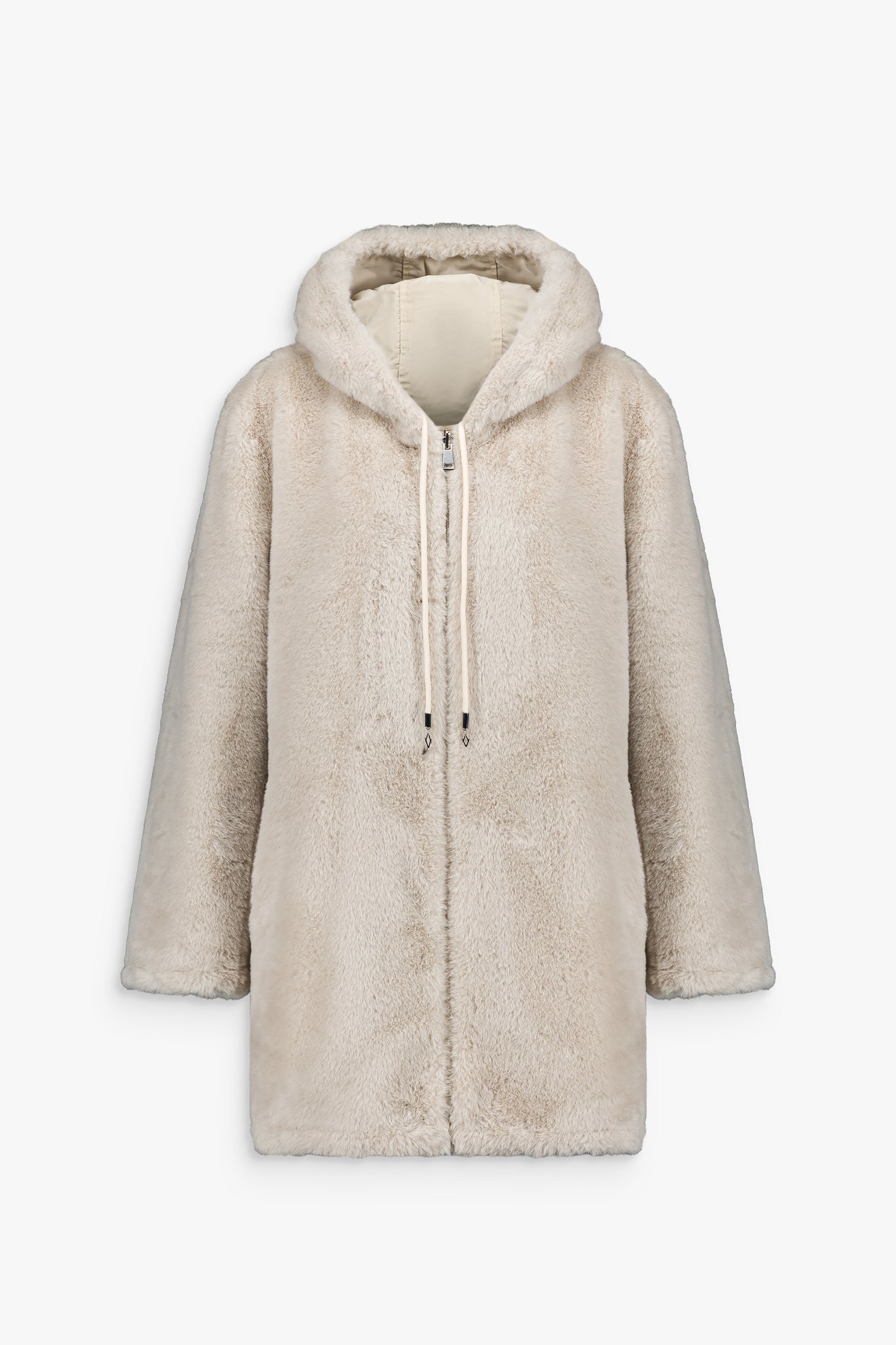 Manteau long béton, manches raglan, double matière réversible fourrure et stretch.