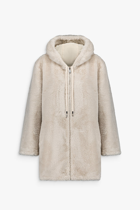 Manteau long béton, manches raglan, double matière réversible fourrure et stretch.