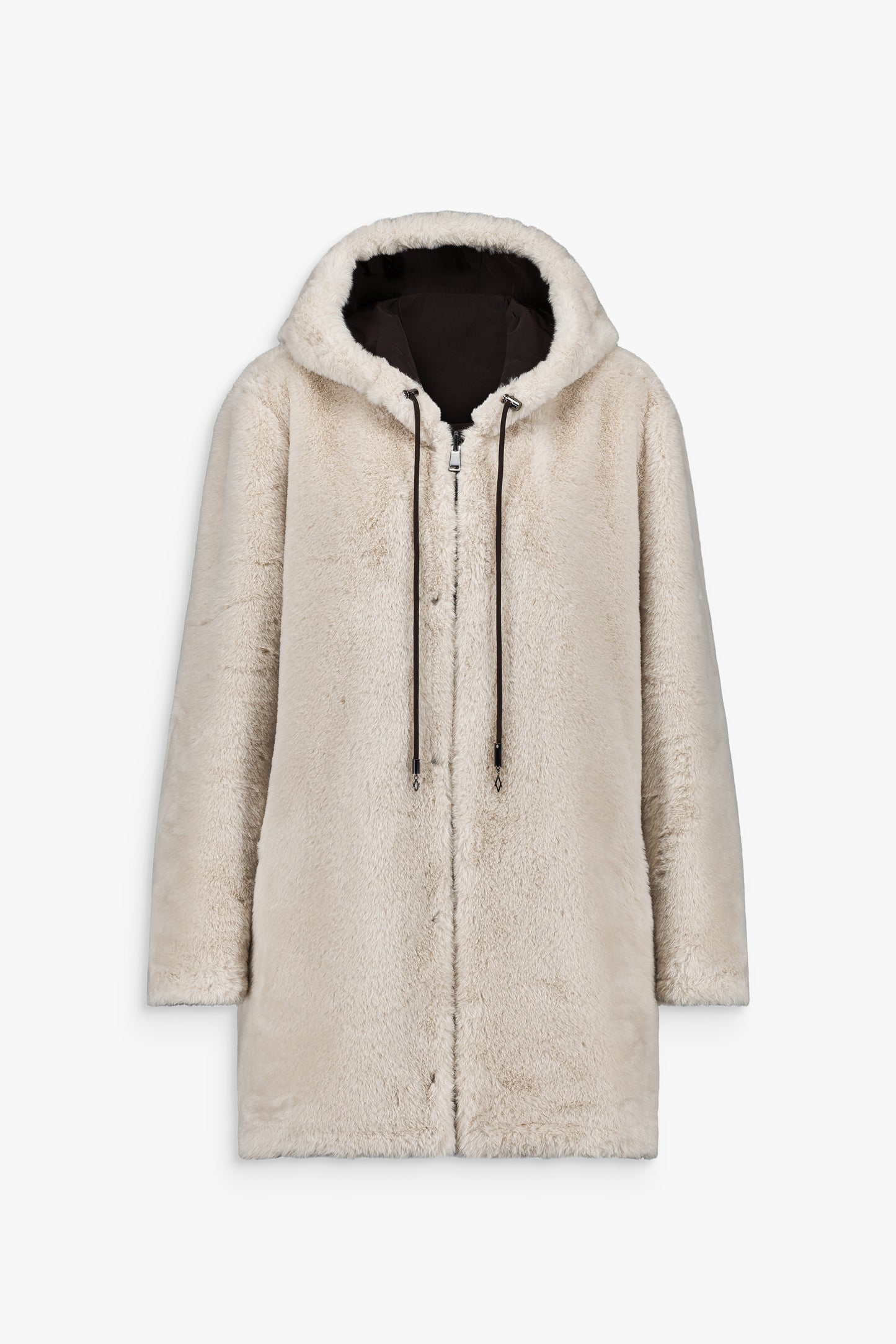 Manteau long ébène, manches raglan, capuche et fermeture pressionnée, réversible fourrure et stretch.