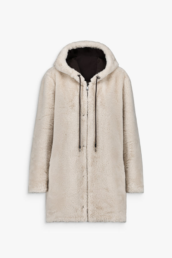 Manteau long ébène, manches raglan, capuche et fermeture pressionnée, réversible fourrure et stretch.