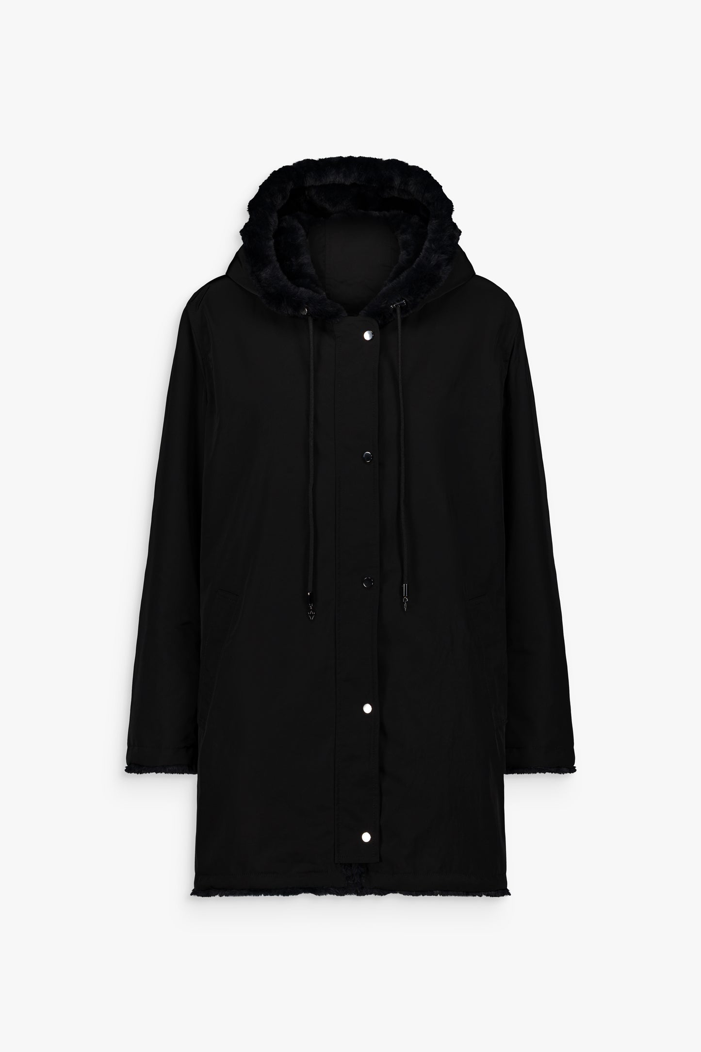 Manteau réversible noir ébène avec fourrure bleu nuit, capuche et manches raglan.