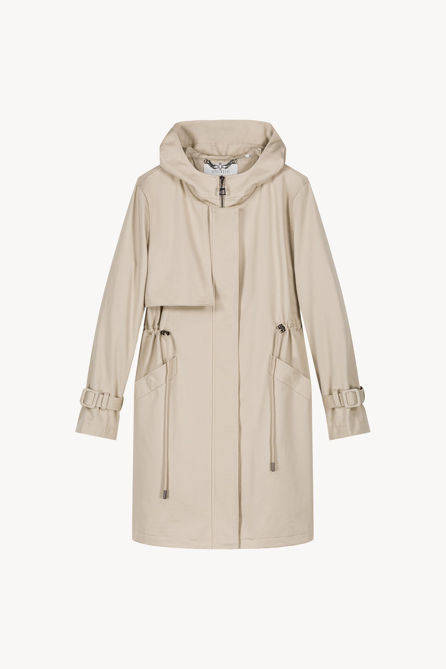 Parka beige mi-longue avec capuche, lien de serrage et embouts bijoux.