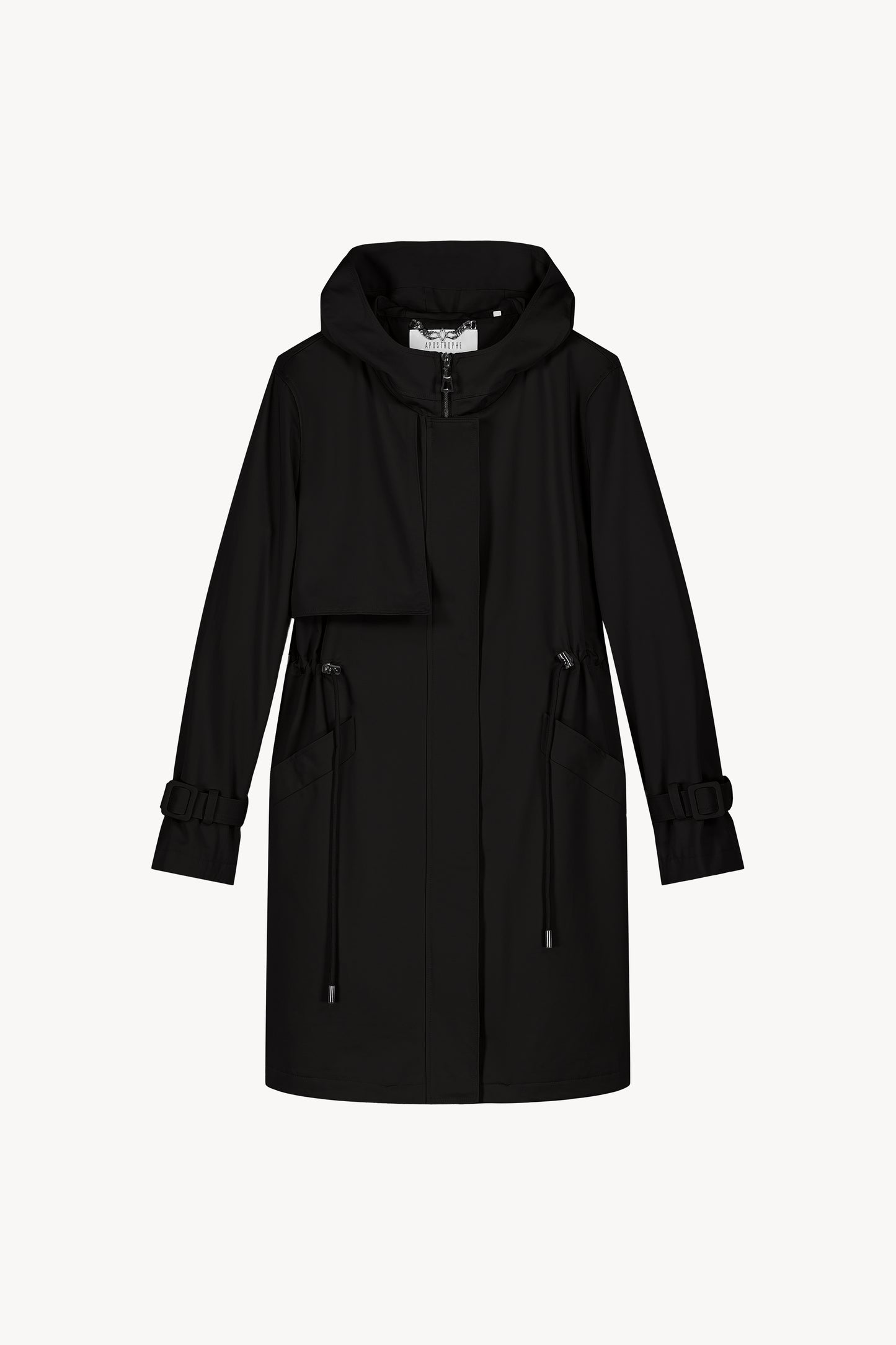 Parka noire légère à capuche et taille ajustable avec finition bijoux.