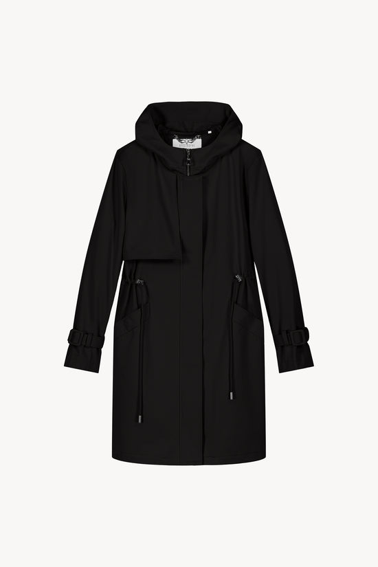 Parka noire légère à capuche et taille ajustable avec finition bijoux.