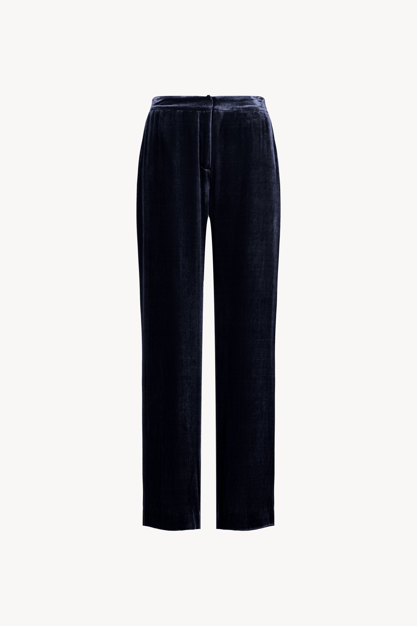 Pantalon droit en velours marine orné d'une taille élastique, poches italiennes et des poches passepoiles.