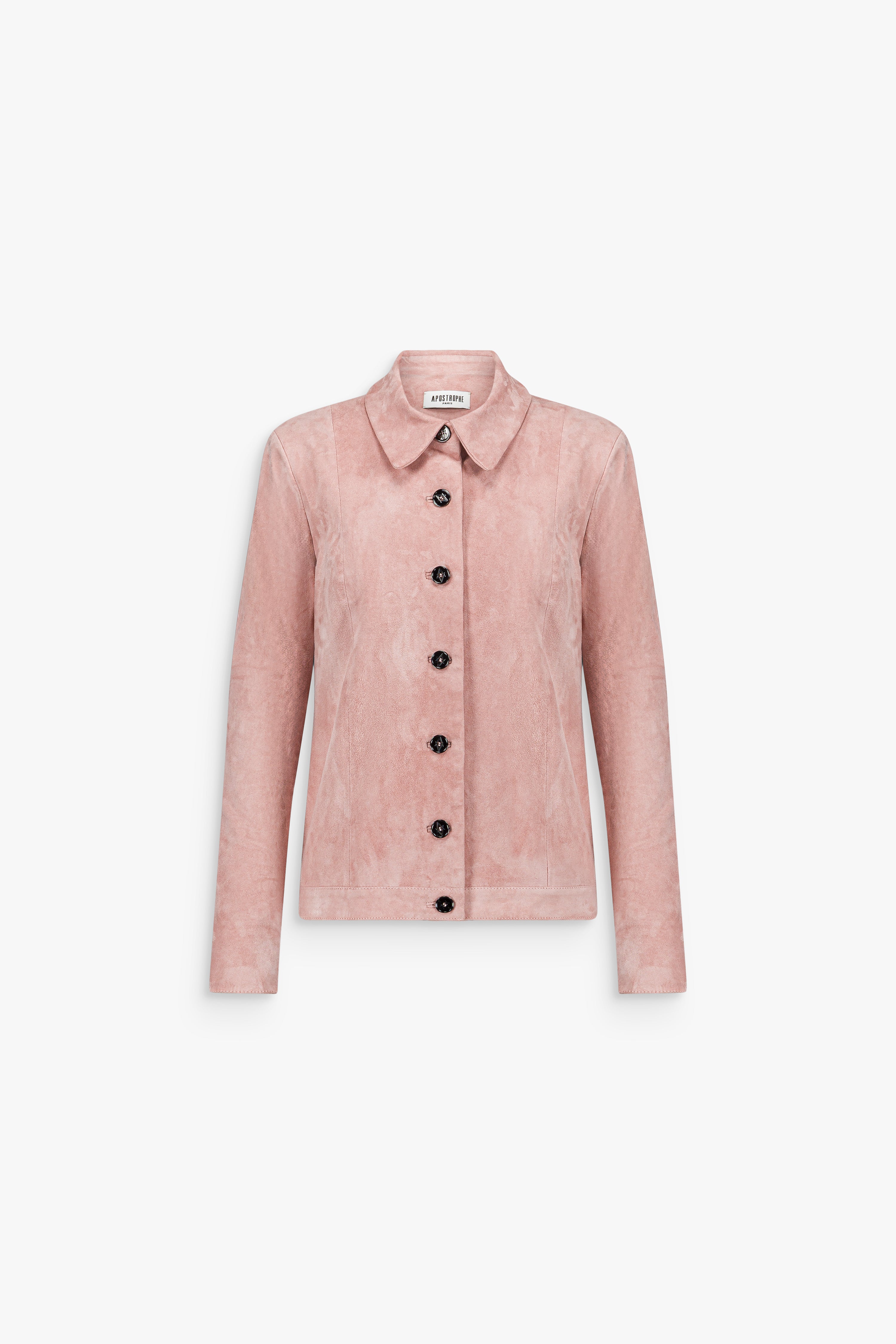 Veste rose pâle ajustée avec col droit et boutonnage simple sur le devant.