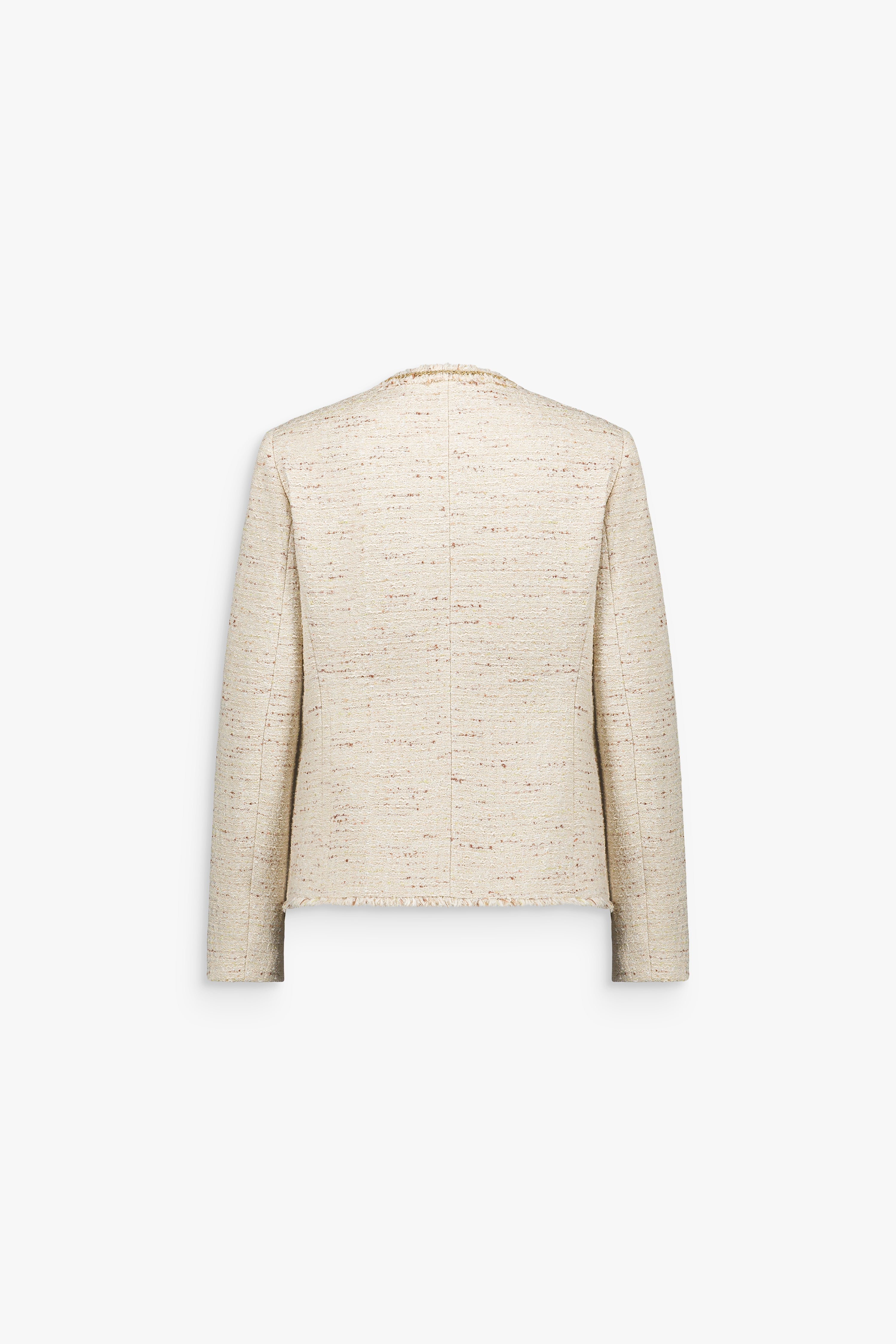 Veste en tweed jaune clair à col rond avec boutons brodés et silhouette structurée.