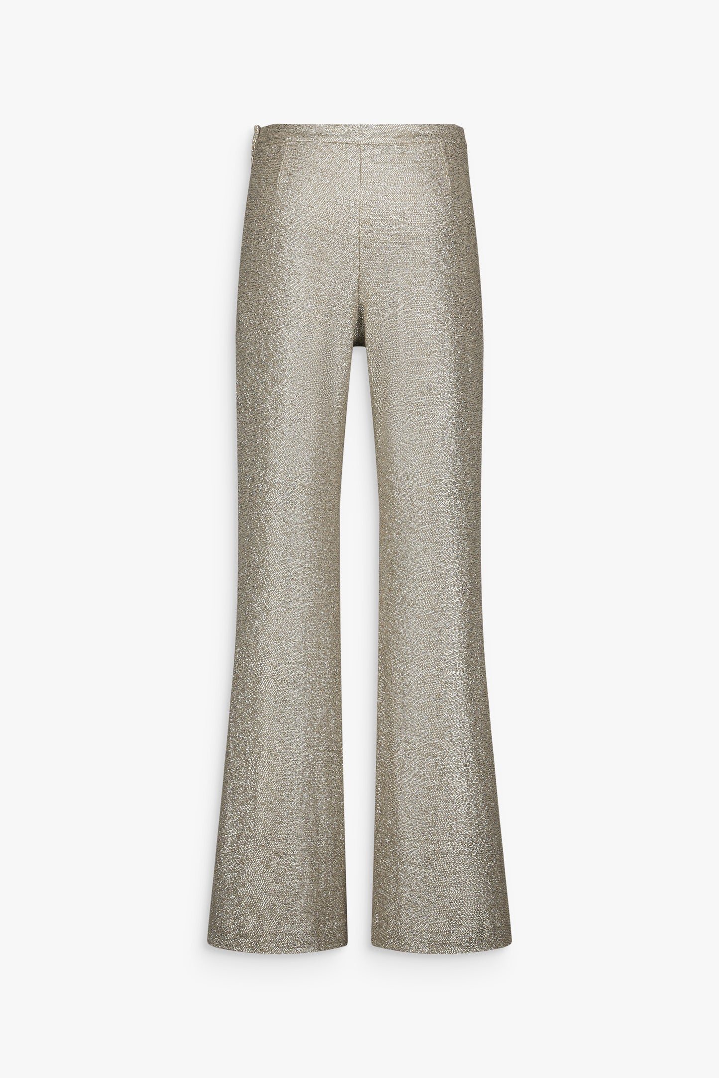Pantalon en jersey lamé argent avec jambe large et ligne fluide.
