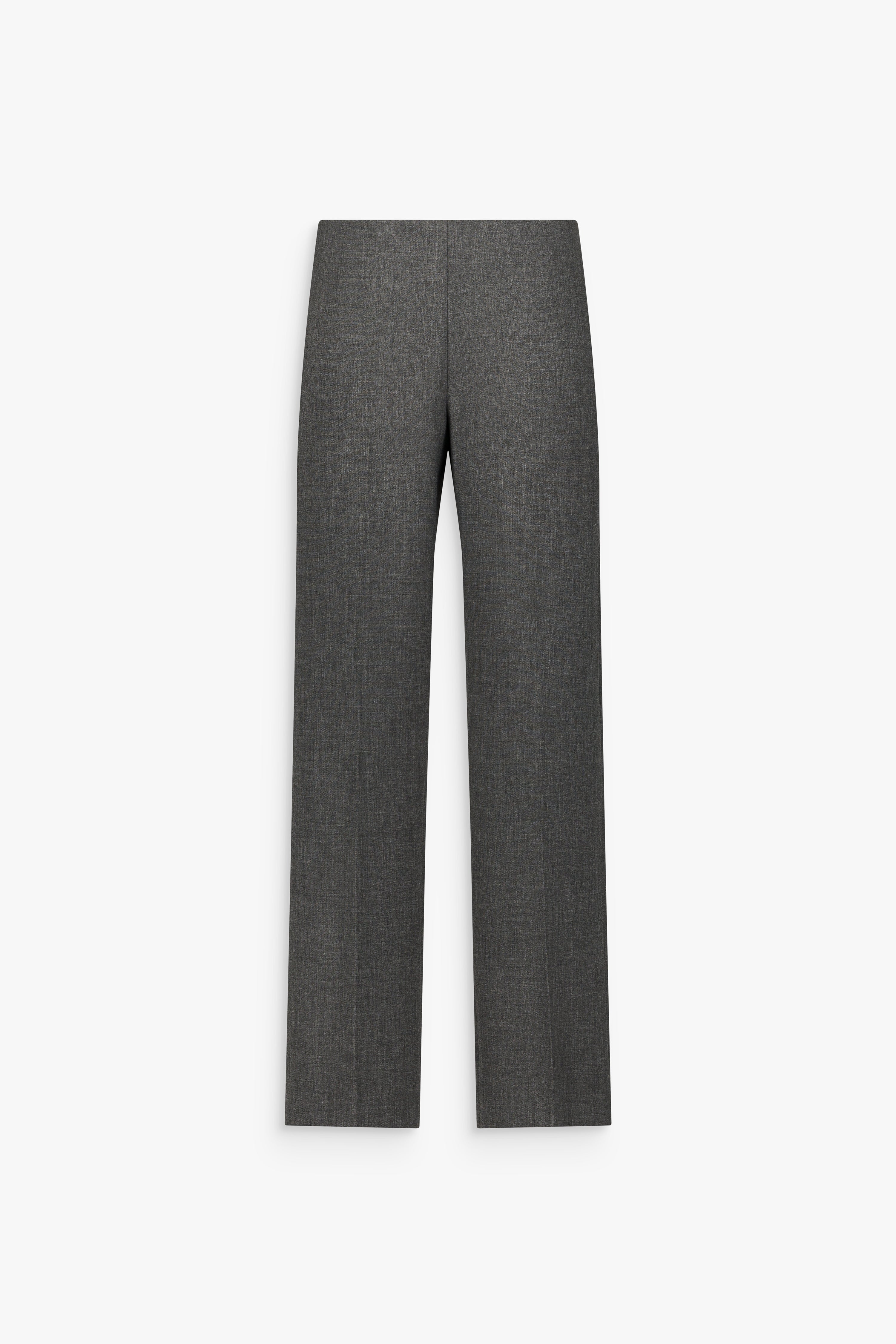 Pantalon droit gris moyen à taille haute, plis marqués et jambes longues