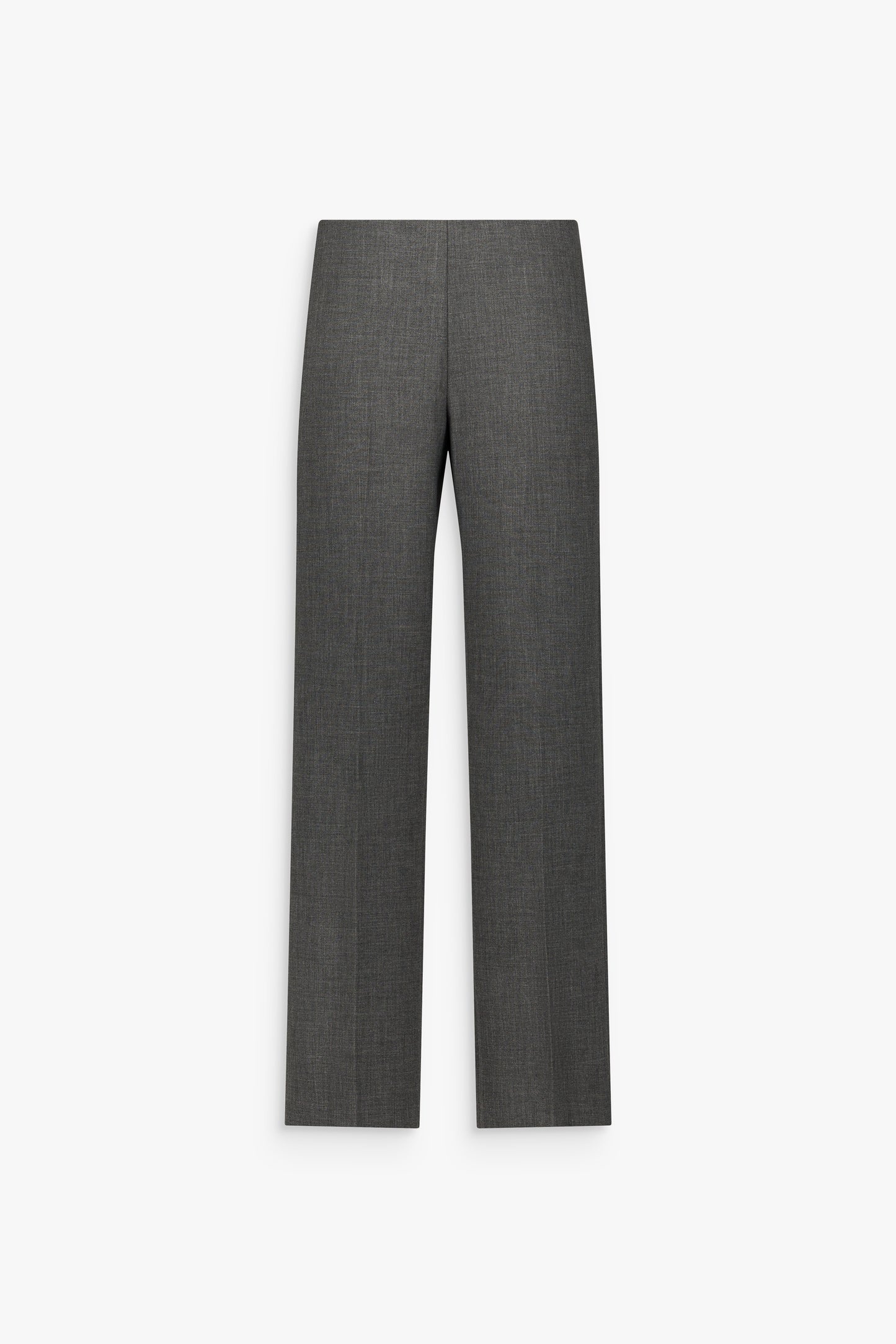 Pantalon droit gris moyen à taille haute, plis marqués et jambes longues