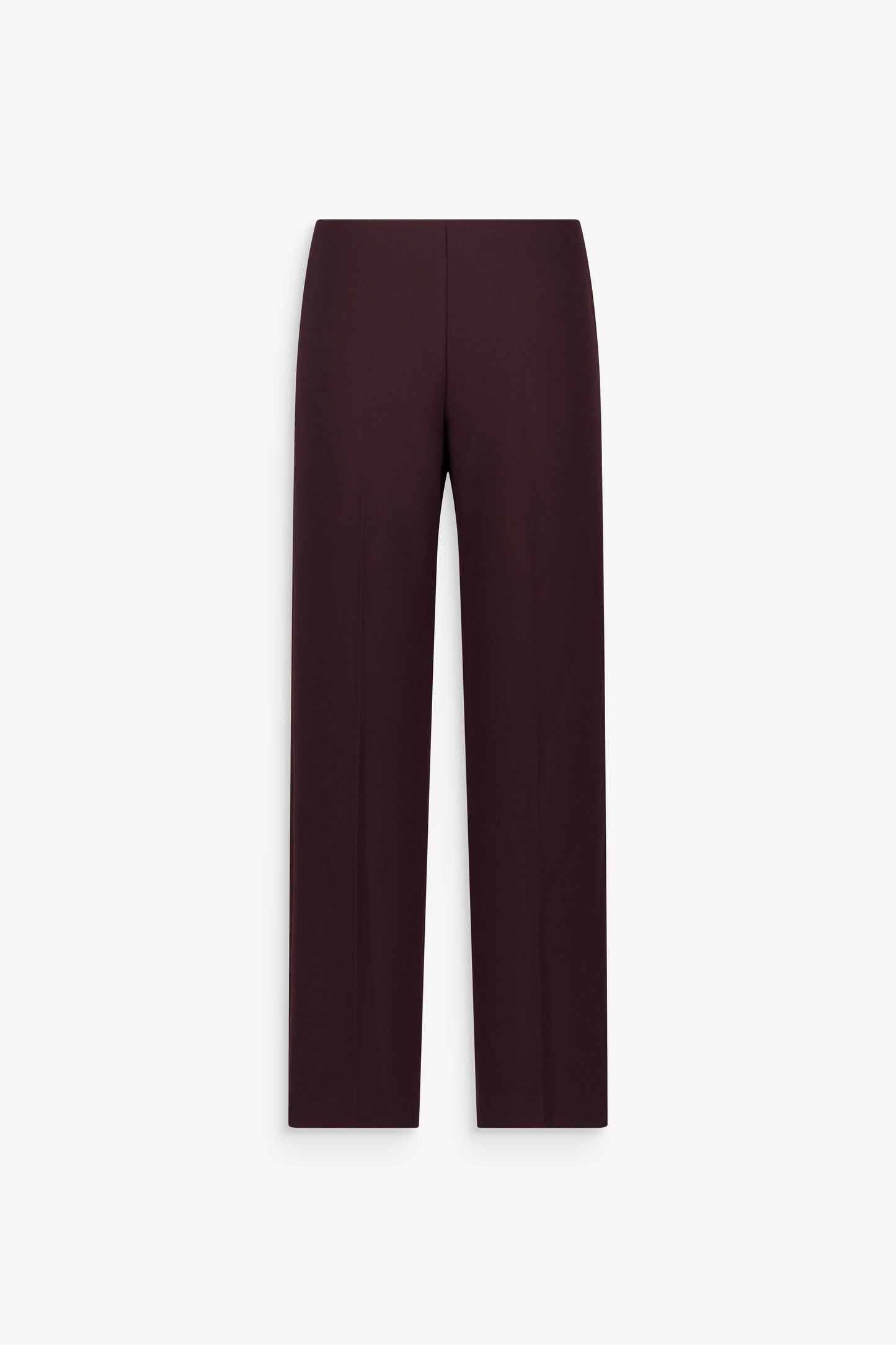 Pantalon droit grenat à taille haute, plis marqués et jambes longues.