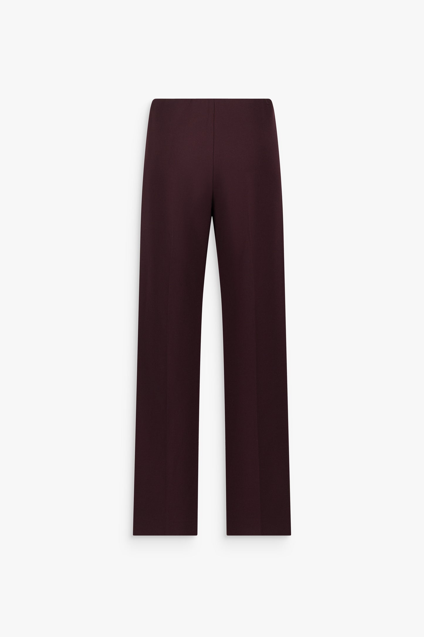 Pantalon droit grenat à taille haute, plis marqués et jambes longues.