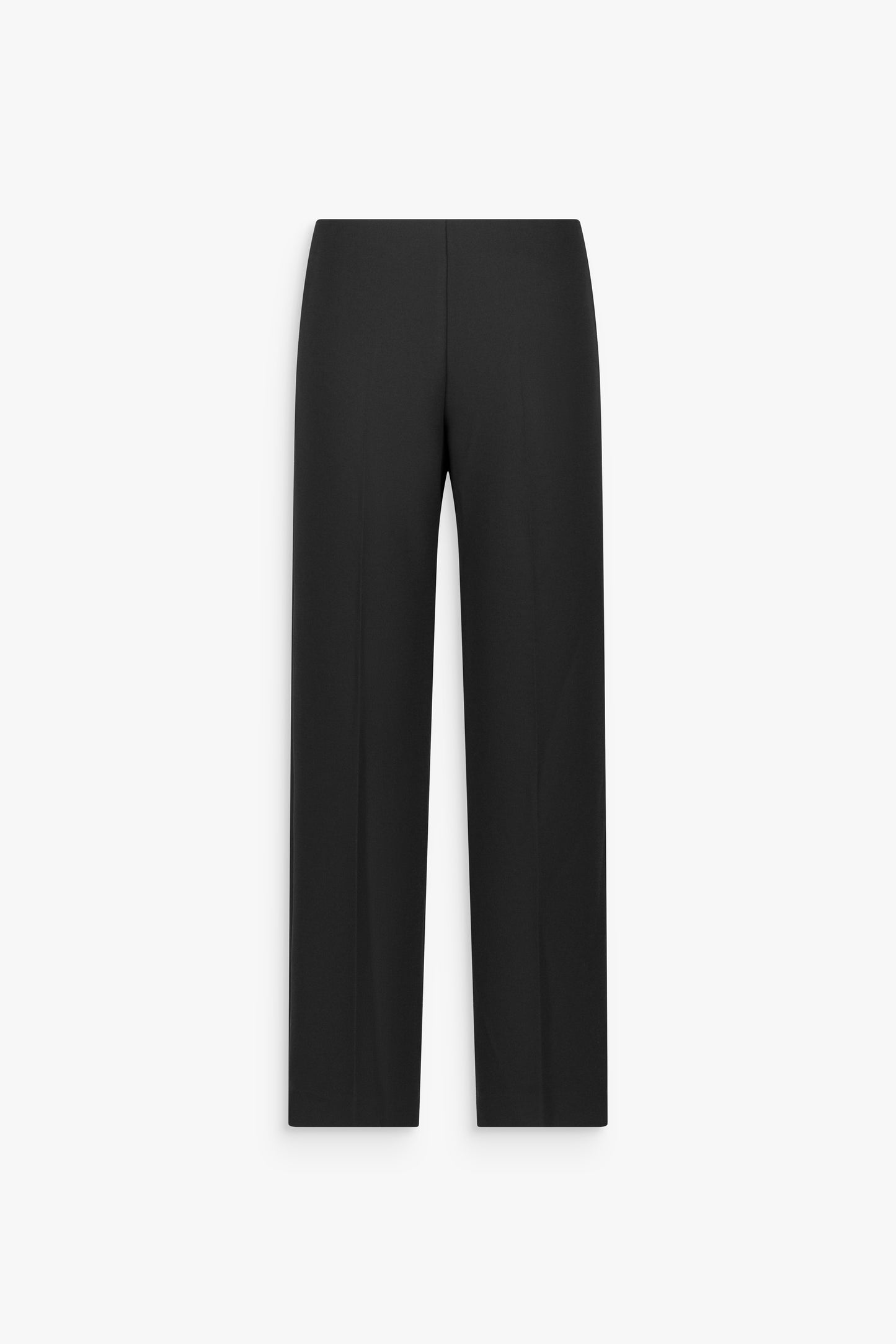 Pantalon droit noir à taille haute, plis marqués sur le devant et jambes longues au tombé fluide.