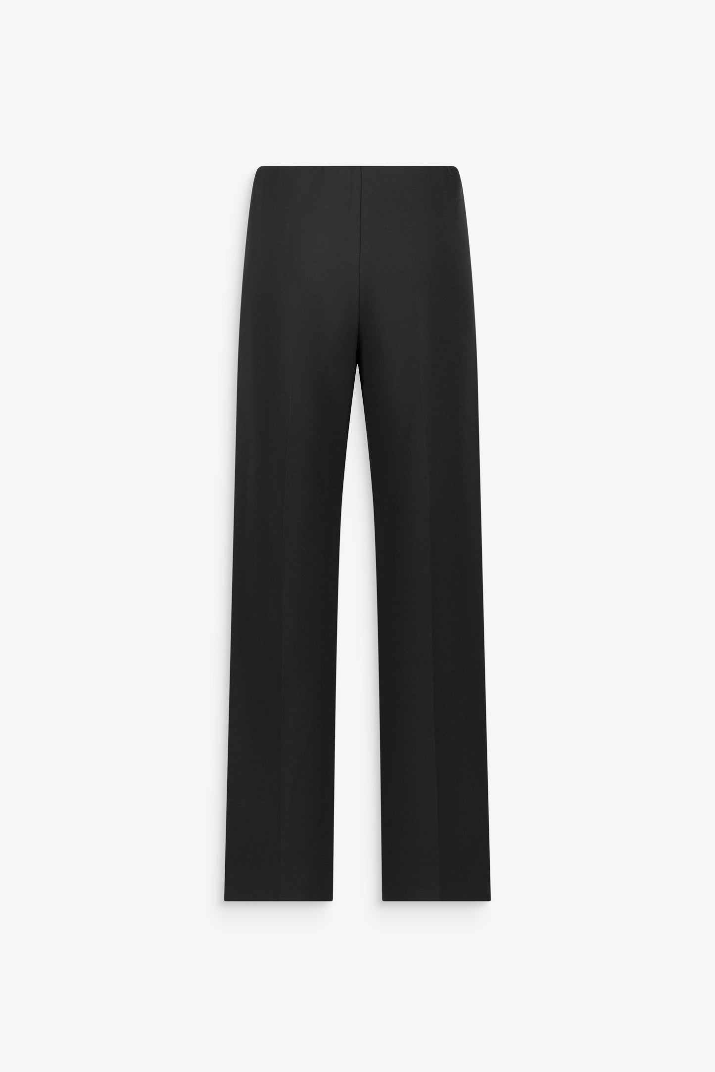 Pantalon droit noir à taille haute, plis marqués sur le devant et jambes longues au tombé fluide.