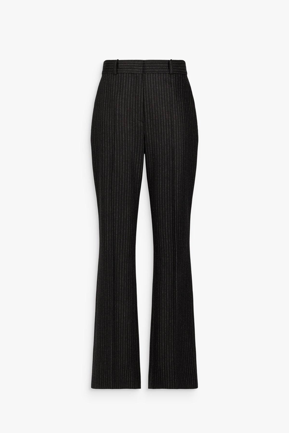 Pantalon droit noir en laine et cachemire, à taille haute, plis marqués au milieu des jambes, poches latérales et fines rayures verticales.