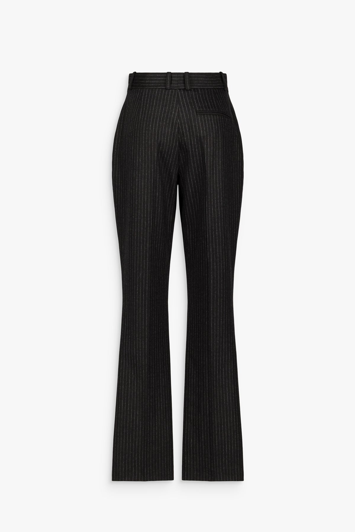 Pantalon droit noir en laine et cachemire, à taille haute, plis marqués au milieu des jambes, poches latérales et fines rayures verticales.