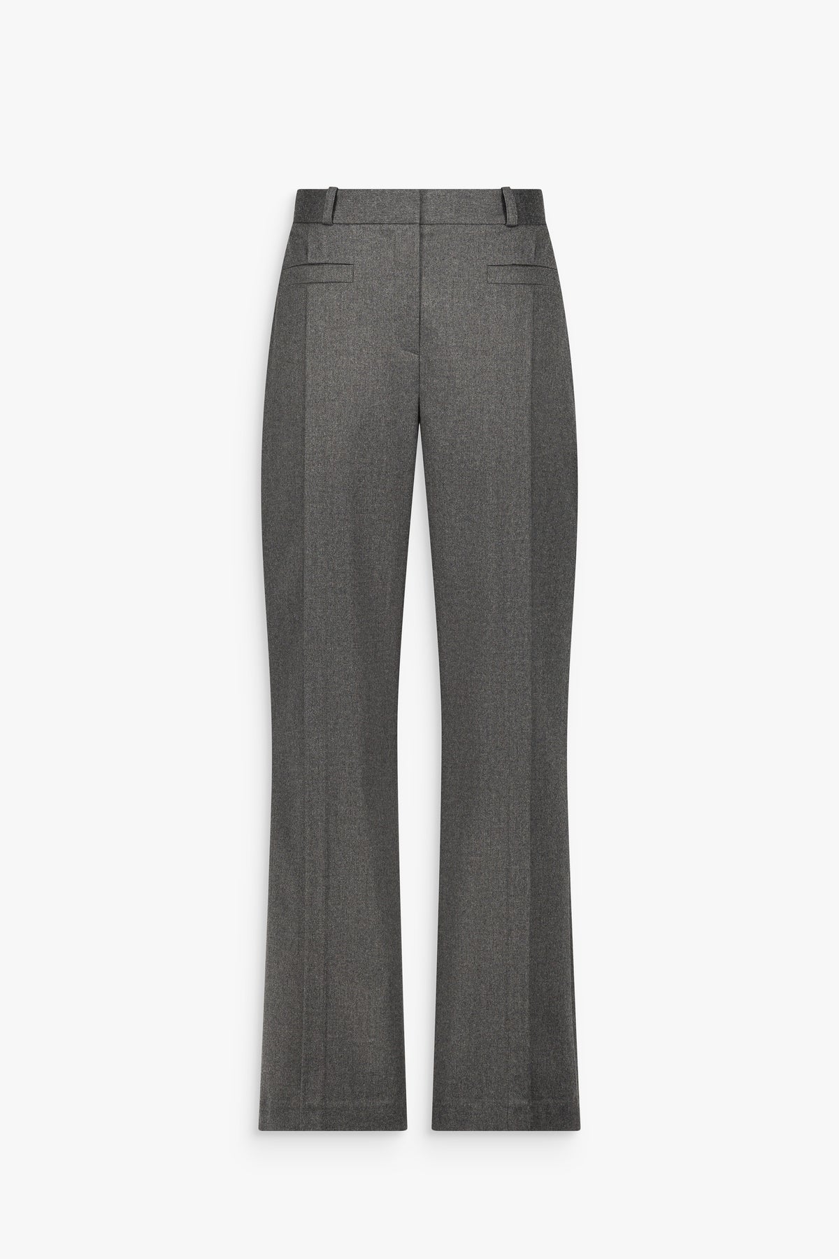 Pantalon droit gris moyen à taille haute, avec pinces sur le devant, plis marqués au milieu des jambes et poches passepoilées.