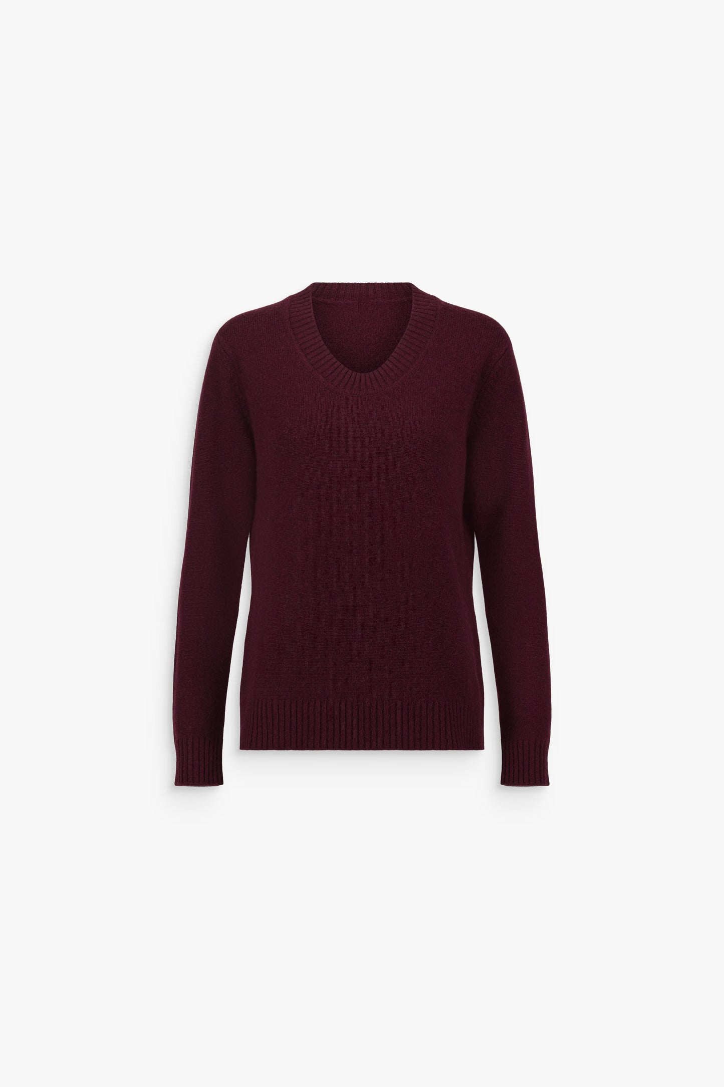 Pull long rouge en cachemire, à col rond, manches longues et finitions côtelées.