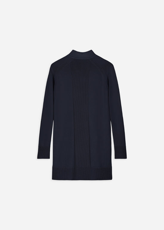 Manteau bi-matière marine, conçu avec des détails en daim et un col drapé fluide
