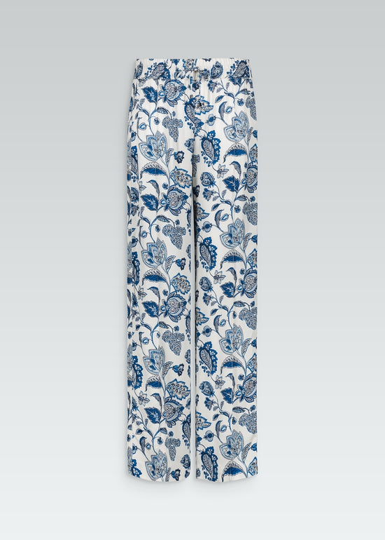 Pantalon fluide imprimé fleuri bleu et blanc avec taille avec cordons réglables avec embouts métal gravés