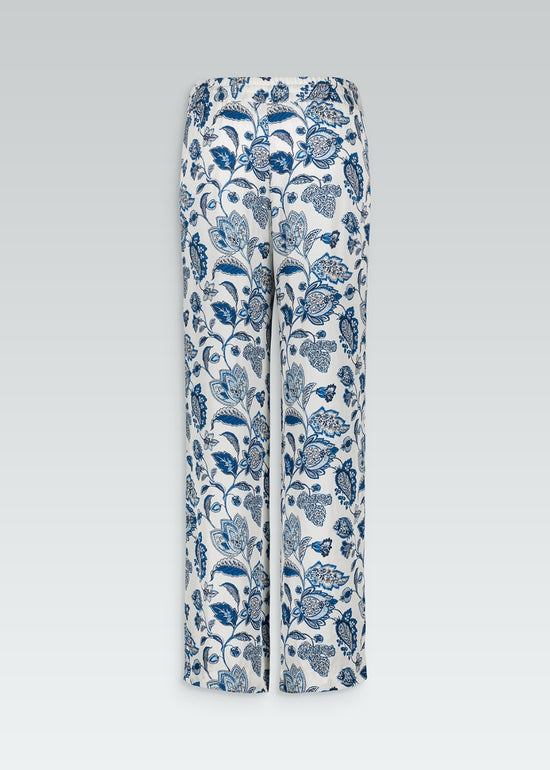 Pantalon fluide imprimé fleuri bleu et blanc avec taille avec cordons réglables avec embouts métal gravés