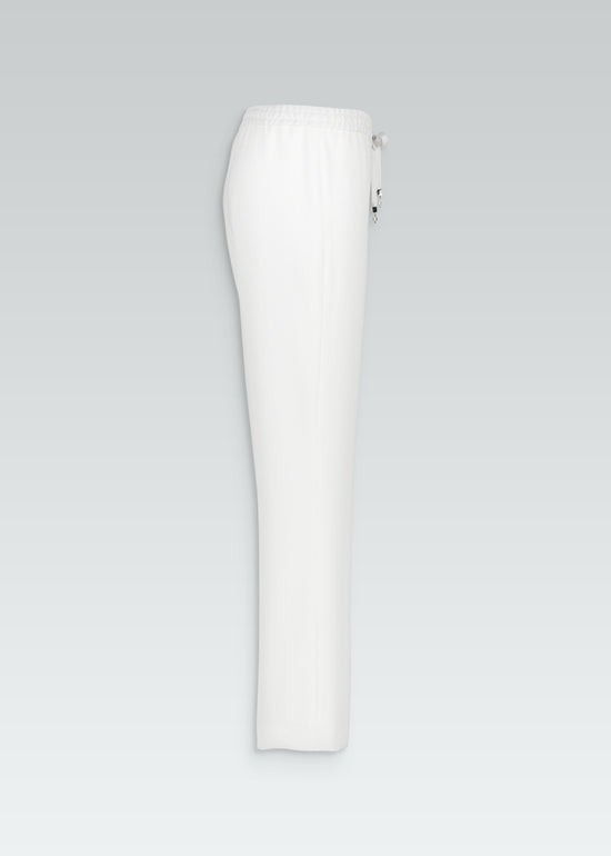Pantalon fluide large blanc cassé avec ceinture froncée et cordons réglables avec embouts métal gravés