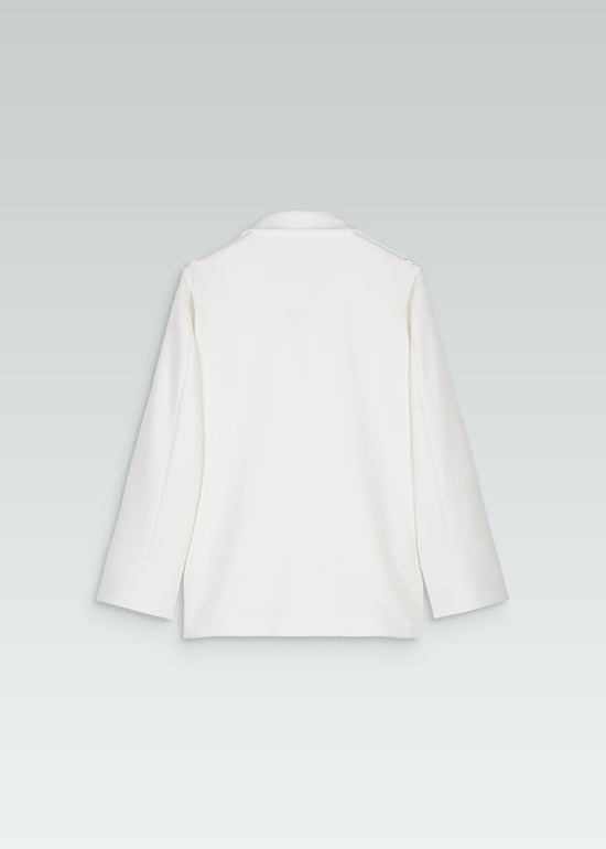 Veste blouson large blanc avec boutons à pressions gravés et poches passepoiles