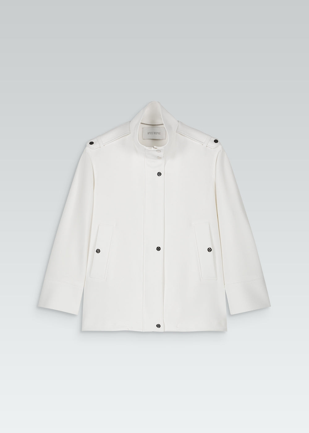 Veste blouson large blanc avec boutons à pressions gravés et poches passepoiles