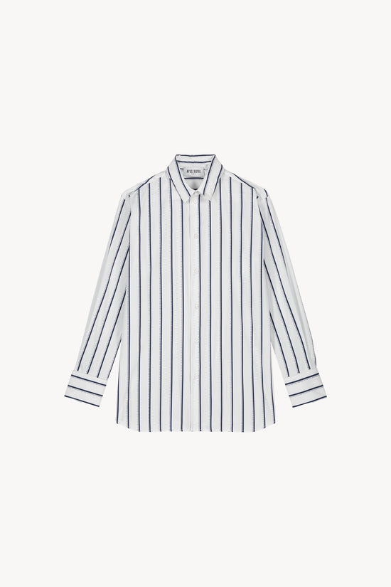 Chemise rayée marine en coton à coupe droite, dotée d'un col structuré et de boutons nacrés .