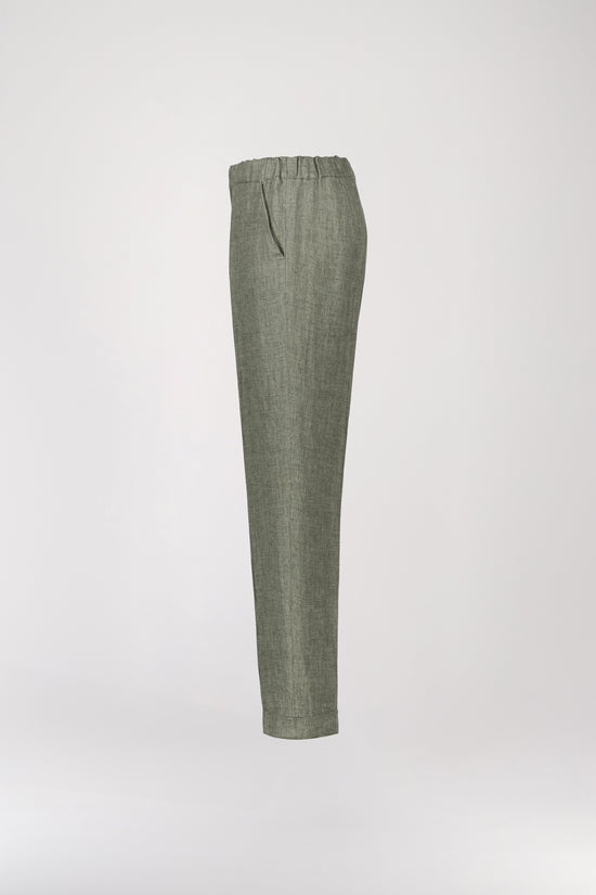 Pantalon en lin vert pale décontracté présente une taille froncée et de plis marqués élégants, une taille élastique et des poches italiennes.