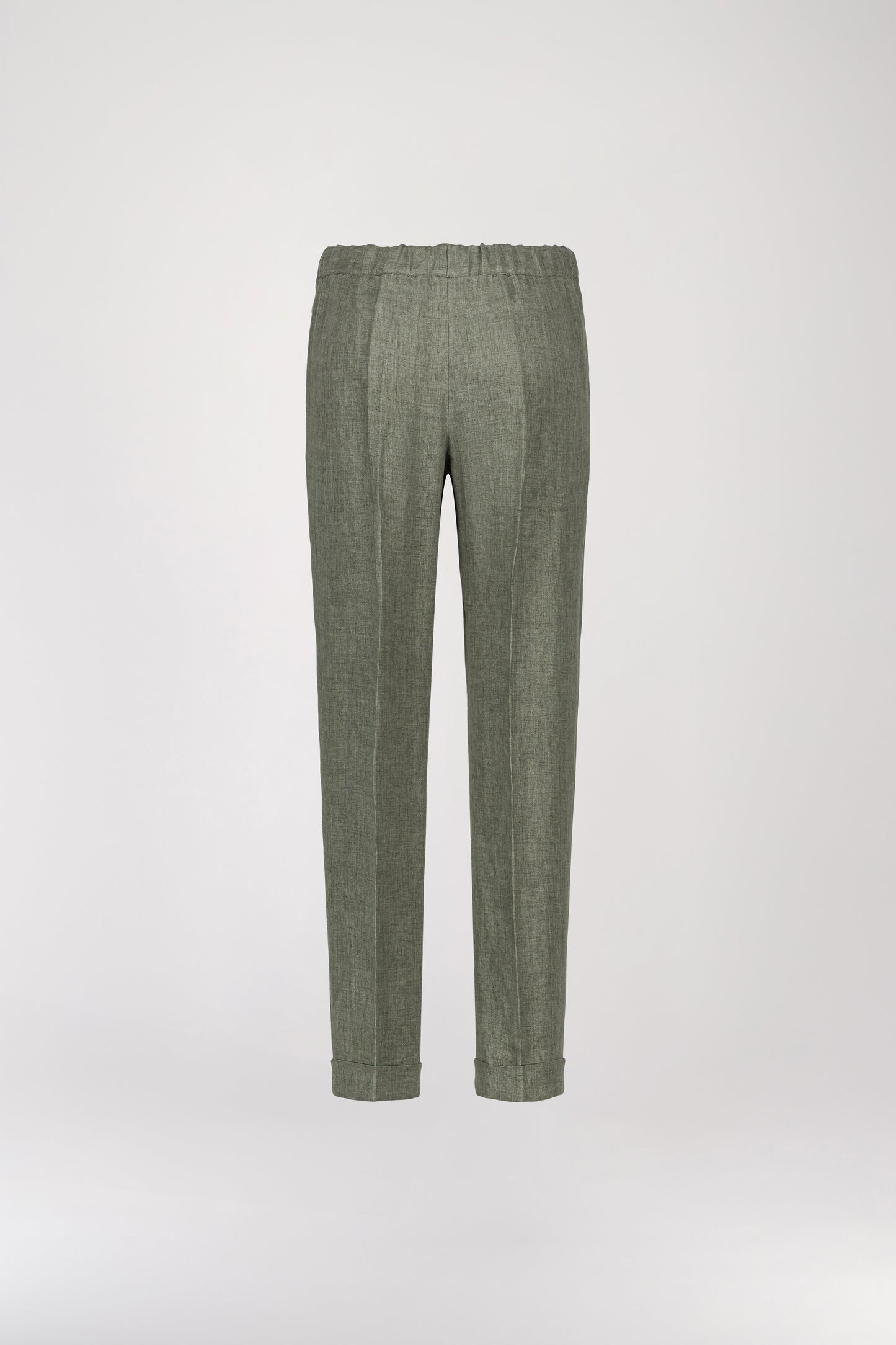 Pantalon en lin vert pale décontracté présente une taille froncée et de plis marqués élégants, une taille élastique et des poches italiennes.